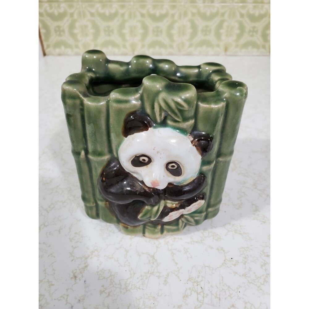 Vintage Panda Bamboo Majolica Ceramic Pottery Planter Vase 4.5" Tall